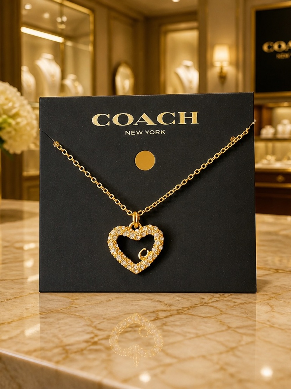 🌸COACH Gold Crystal Open Heart Pendant Necklace🌸